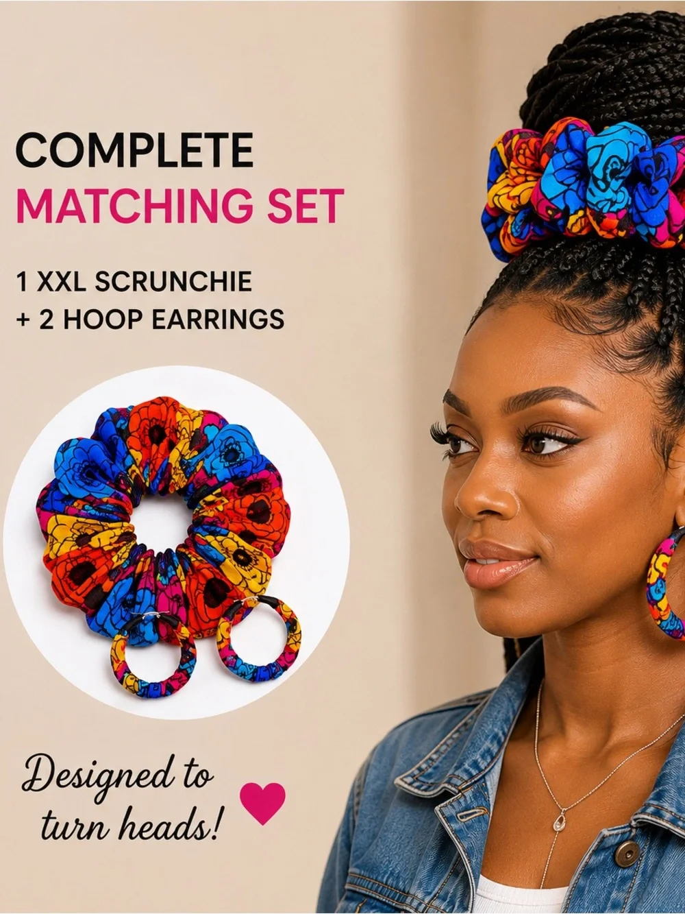 Handmade African Ankara Print Scrunchie & Hoop Earring Set | Blue Big Flower
